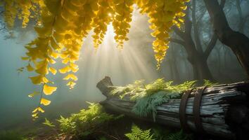 Sunlight Streaming Through Yellow Leaves in Forest Over Log photo
