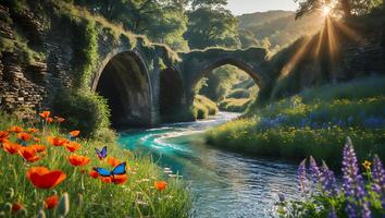 Flowing River Under Stone Bridge with Flowers and Sunlight photo