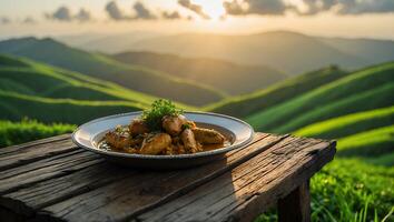 Served Meal on Rustic Table with Green Hills and Sunset photo