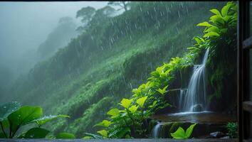 Waterfall Flowing on Lush Hillside During Rainfall From Window View photo