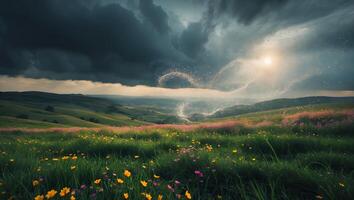 Green Meadow with Wildflowers Under Dramatic Sky and Sun photo