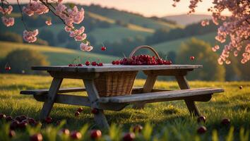 Cherries on Picnic Table with Meadow and Blossoming Cherry Tree photo