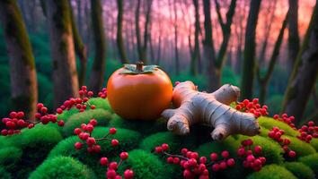 Persimmon and Ginger Root on Moss with Forest Background Scene photo