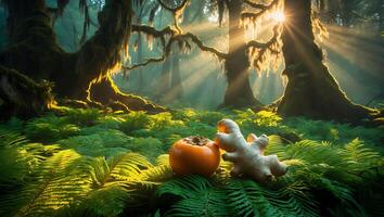 Ginger and Persimmon on Ferns in Forest with Sun Rays photo