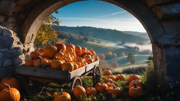 Pumpkins on Cart with Rolling Hills and Foggy Landscape View photo