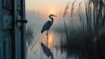 Standing Heron Silhouette Reflected in Water at Dawn Through Open Door photo