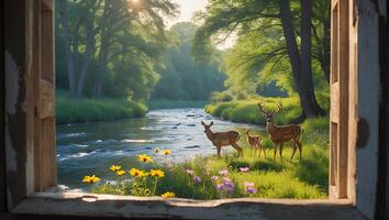 Deer Family by River Seen Through Rustic Window Nature Scene photo
