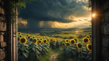 Sunflower Field View Through Old Stone Doorway with Dramatic Cloudy Sky photo