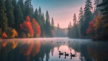 Ducks Swimming on Misty Lake Surrounded by Autumnal Trees photo