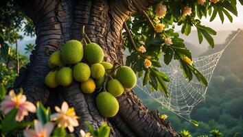 Hanging Fruits on Tree Trunk with Spiderweb in Natural Setting photo