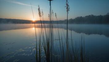 Sunrise Over Calm Lake with Fog and Tall Grass Silhouette photo
