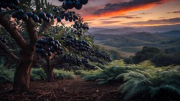 Harvesting Black Plums at Sunset in Rolling Hills and Ferns photo