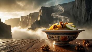 Hot Cereal Bowl with Apple and Nuts on Wooden Surface photo