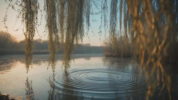 Ripples Expanding on Calm Lake Water Under Weeping Willow Branches photo