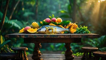 Fresh Fish and Tropical Fruit Arrangement on a Wooden Table photo