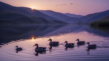 Ducks Swimming in a Calm Lake at Sunrise with Mountain Backdrop photo