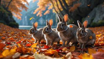 Group of Rabbits Walking on Fallen Leaves in Autumn Scenery photo