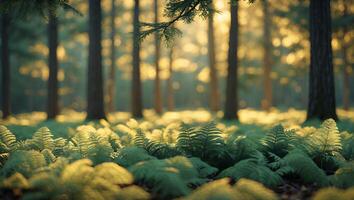 Ferns in Forest Floor Illuminated by Golden Sunlight and Tall Trees photo