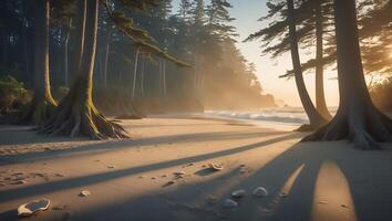 Coastal Forest Beach at Sunset with Seashells and Gentle Waves photo