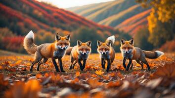 Group of Foxes Walking in Autumnal Forest with Colorful Leaves photo