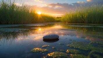 Stone in Calm Water Reflecting Sunset with Tall Grasses Around photo