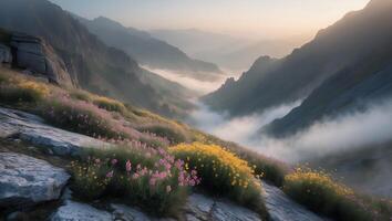 Scenic Mountain Valley with Flowers and Fog Rolling Through Peaks photo