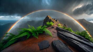 Rainbow Arcing Over Mountain Peak with Lush Green Ferns Scenery photo