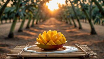 Sliced Mango Served Outdoors with Sunrise Glow and Natural Setting photo