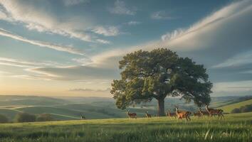 Deer Gathering Near Large Tree on Green Rolling Hills Landscape photo