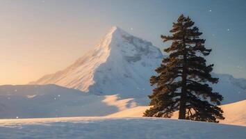 Snowy Mountain Landscape with Pine Tree in Winter Wonderland photo