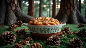 Baked Fruit Crumble Dish Outdoors in Forest Setting with Pine Cones photo