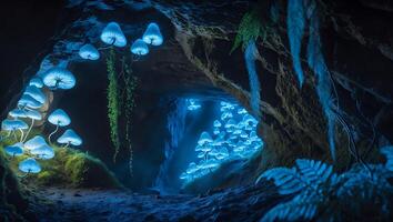 Glow Mushrooms Illuminating Cave Entrance Magical Scenery for Fantasy Concept photo