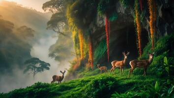 Deer Herd Standing on Grassy Hillside in Misty Natural Landscape photo