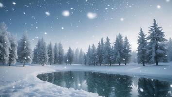 Snow Falling on Winter Lake Surrounded by Evergreen Trees photo