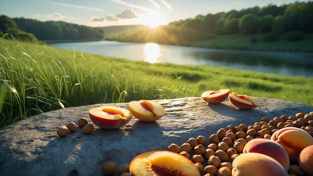 Peaches and Nuts on Stone Slab Overlooking Serene Lake at Sunset photo