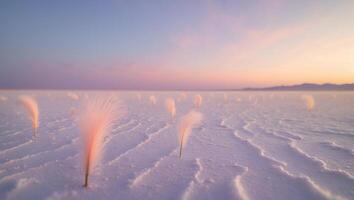 Exploring White Salt Flat with Grass Under Pastel Sunset Sky photo