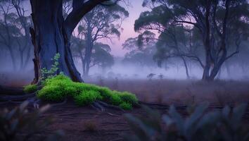Exploring Foggy Forest at Dusk with Vibrant Greenery and Tall Trees photo