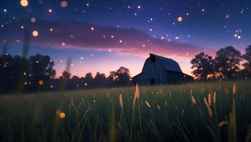 Barn in Meadow at Dusk with Fireflies and Colorful Sky photo
