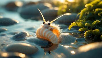 Creature Resting on Shell Surrounded by Water and Rocks with Foliage photo
