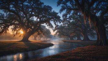 River Flowing Underneath Oak Trees with Spanish Moss at Sunrise photo