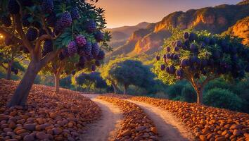 Walking Through a Vineyard Path with Fruit Trees at Sunset photo