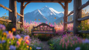 Bench in Floral Garden with Mountain View and Butterflies Flying photo