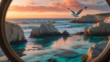 Seagull Flying Over Rocky Coastline at Sunset Reflected in Mirror photo
