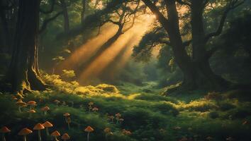 Sunlight Streaming Through Forest Trees Illuminating Mushrooms and Greenery photo
