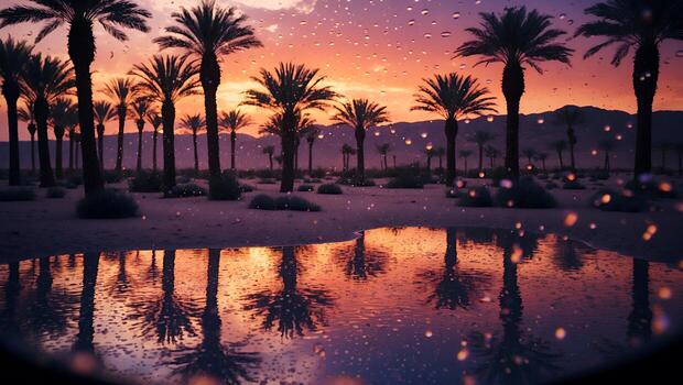 Palm Trees Reflecting in Puddle at Sunset with Orange Sky photo