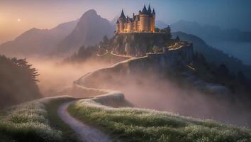 Castle on Hilltop Overlooking Foggy Path with Mountain Landscape photo