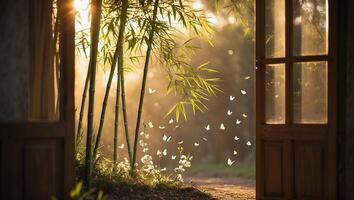 Open Door Revealing Bamboo and Butterflies in Golden Hour Light photo
