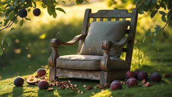 Rustic Wooden Chair with Plums and Pecans in Sunny Garden photo