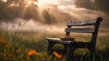 Pie on Bench in Foggy Field with Sunrise Light photo