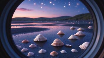 Seashells on Wet Surface Reflecting Dusk Sky Through Circular Window photo